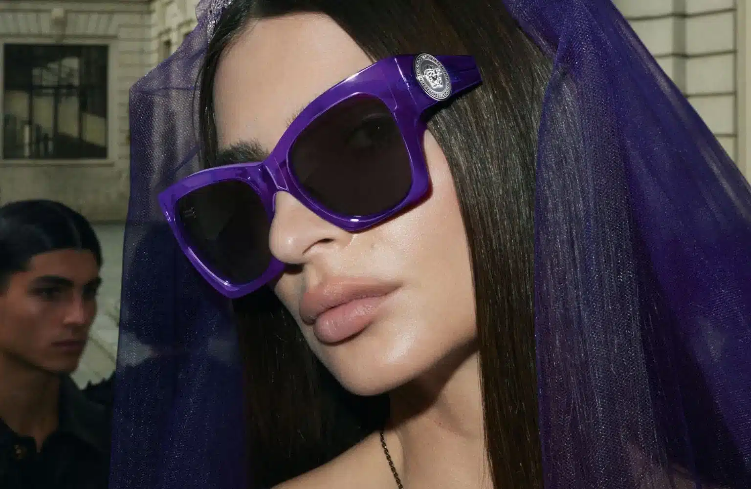 Emily Ratajkowski with Transparent Purple sunglasses Versace