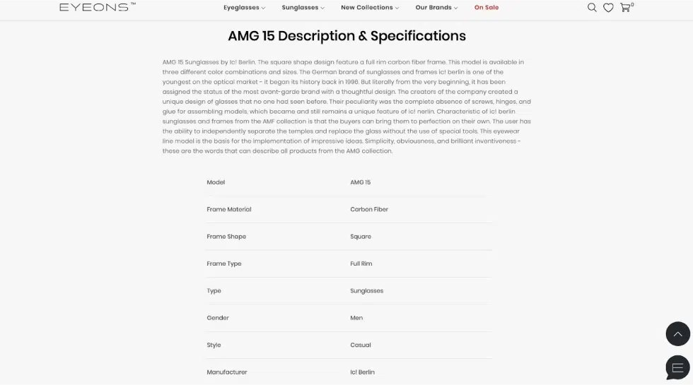 EyeOns description and specifications on on ic! berlin AMG 15 sunglasses example