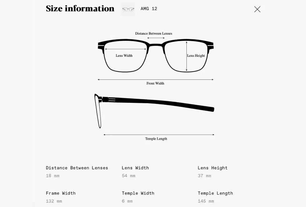 Size guide for the frame AMG 12 by ic! berlin