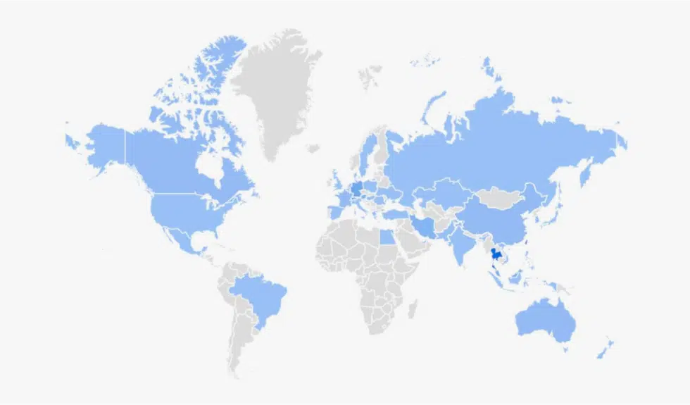 World map showing the global distribution of ic! berlin brand in shades of blue