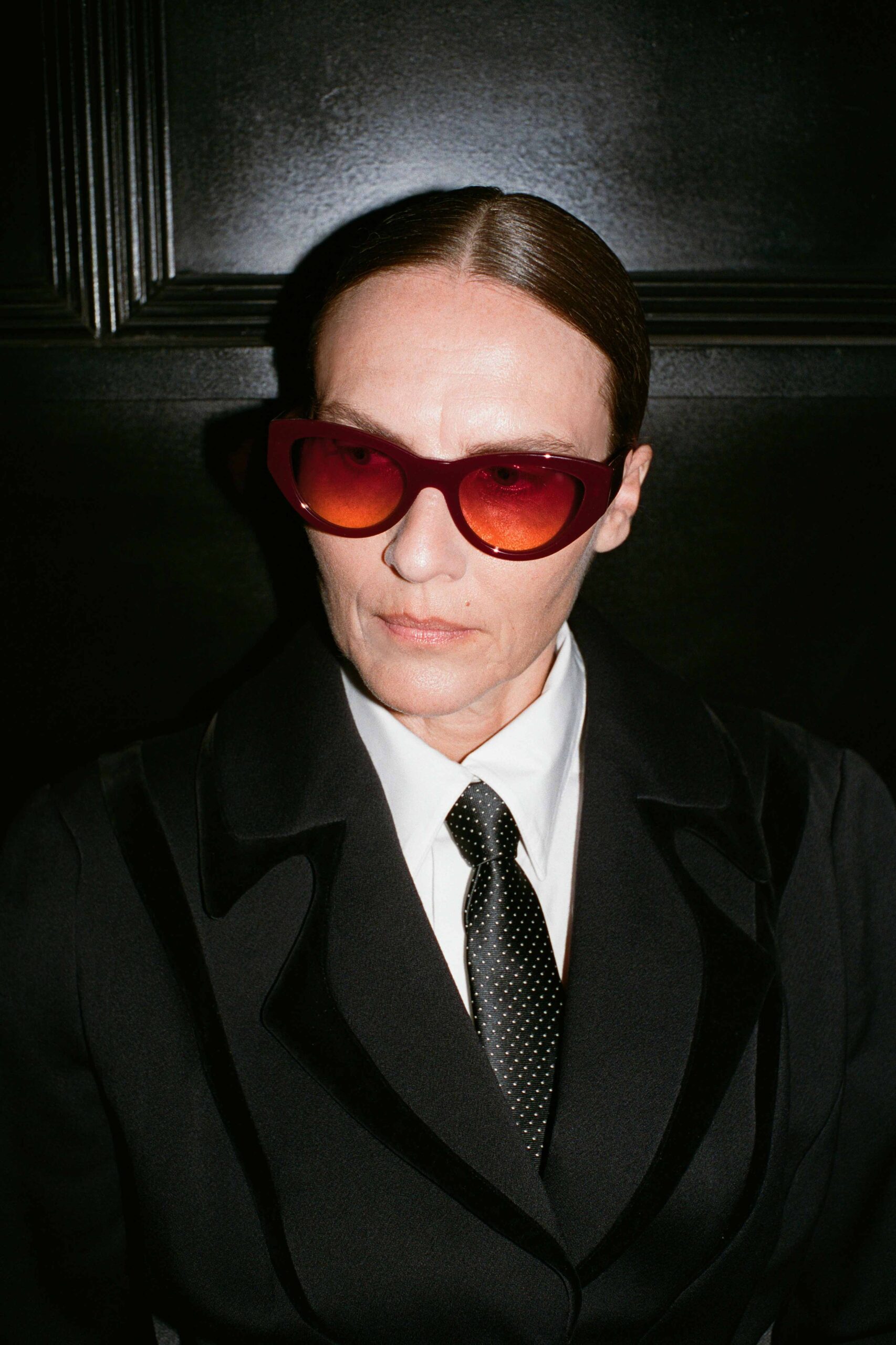 Red sunglasses on woman