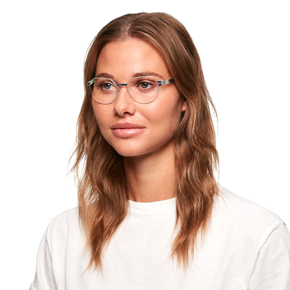 Ic! Berlin Ksenia E. Silver Mint Eyeglasses On Female Model 2