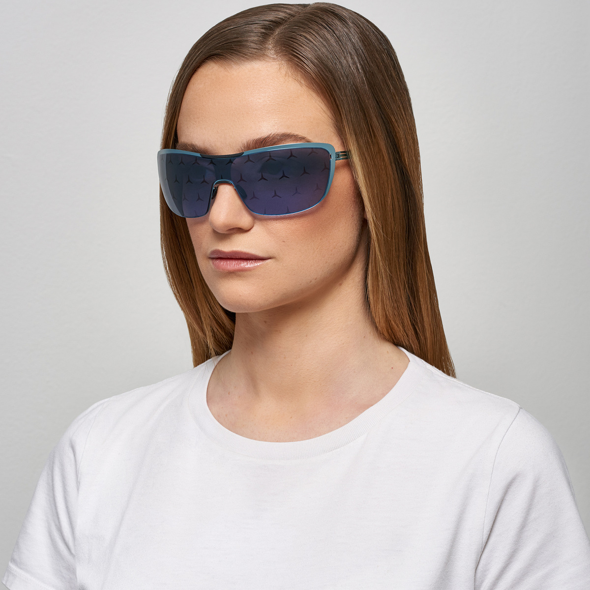 Ic! Berlin MB Shield 02 Electric Light Blue Electric Light Blue Sunglasses On Female Model